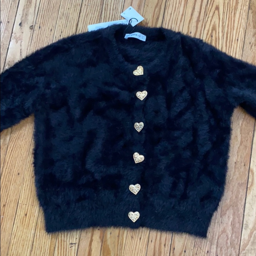 Zara knit fuzzy sweater black sz S w/ gem buttons